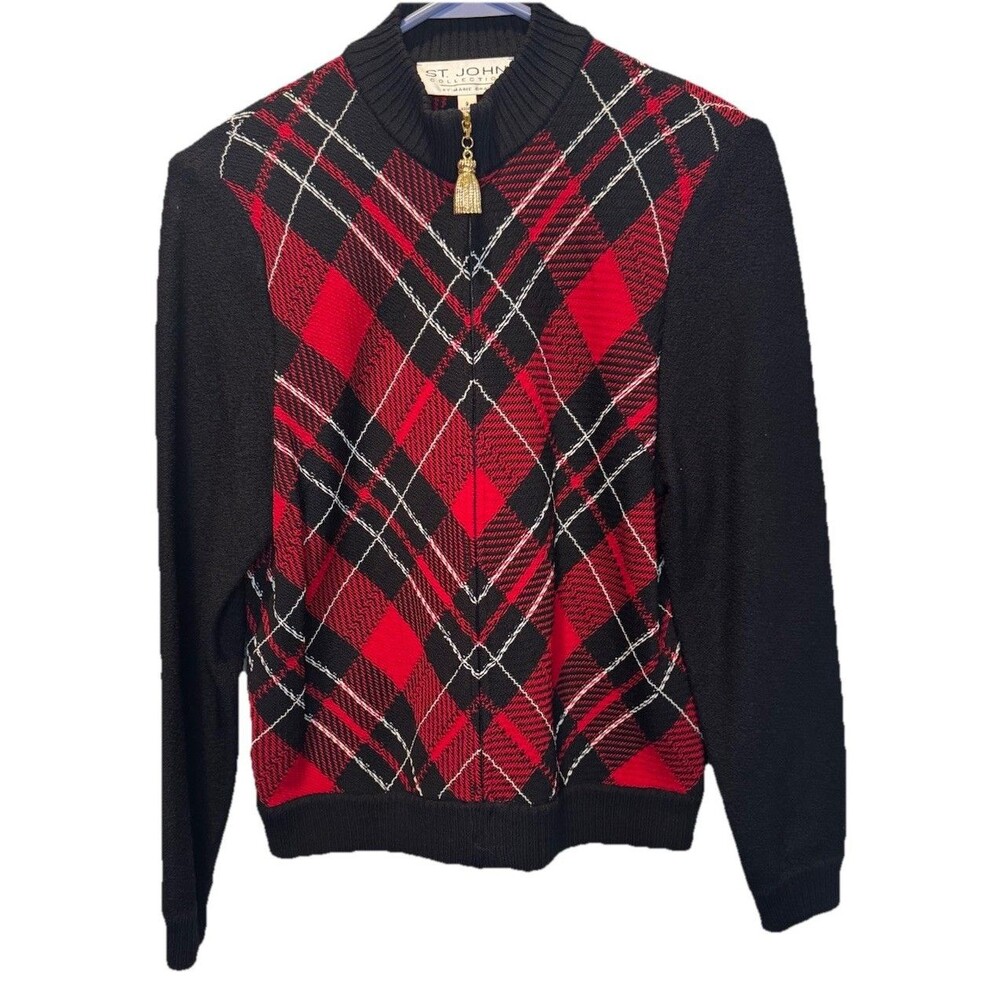 VTG St John Collection Marie Gray Red Plaid Womens Zip Up Cardigan Sweater 8